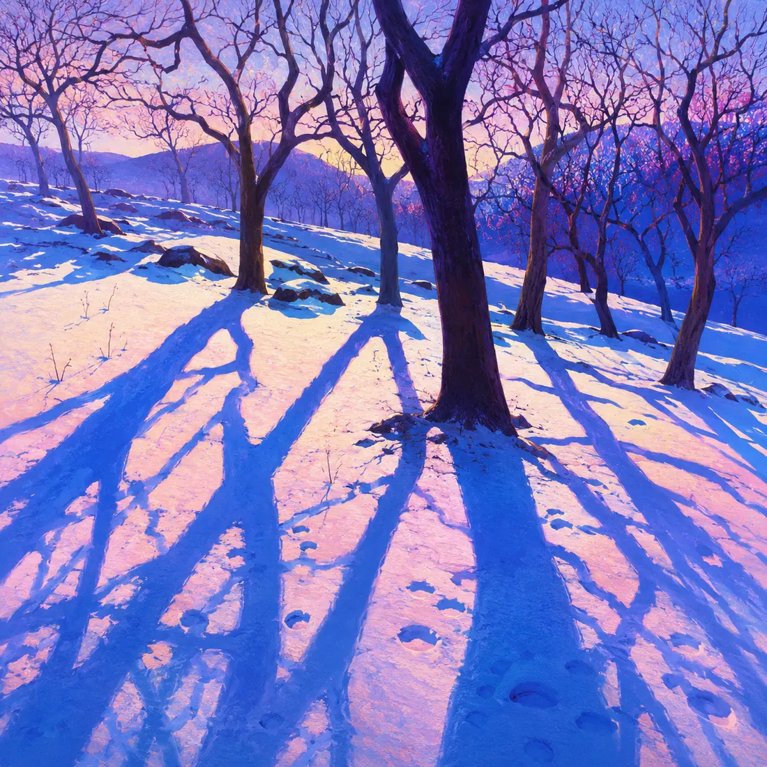 Winter forest painting with long blue shadows cast across snow — an example of colour and light observation