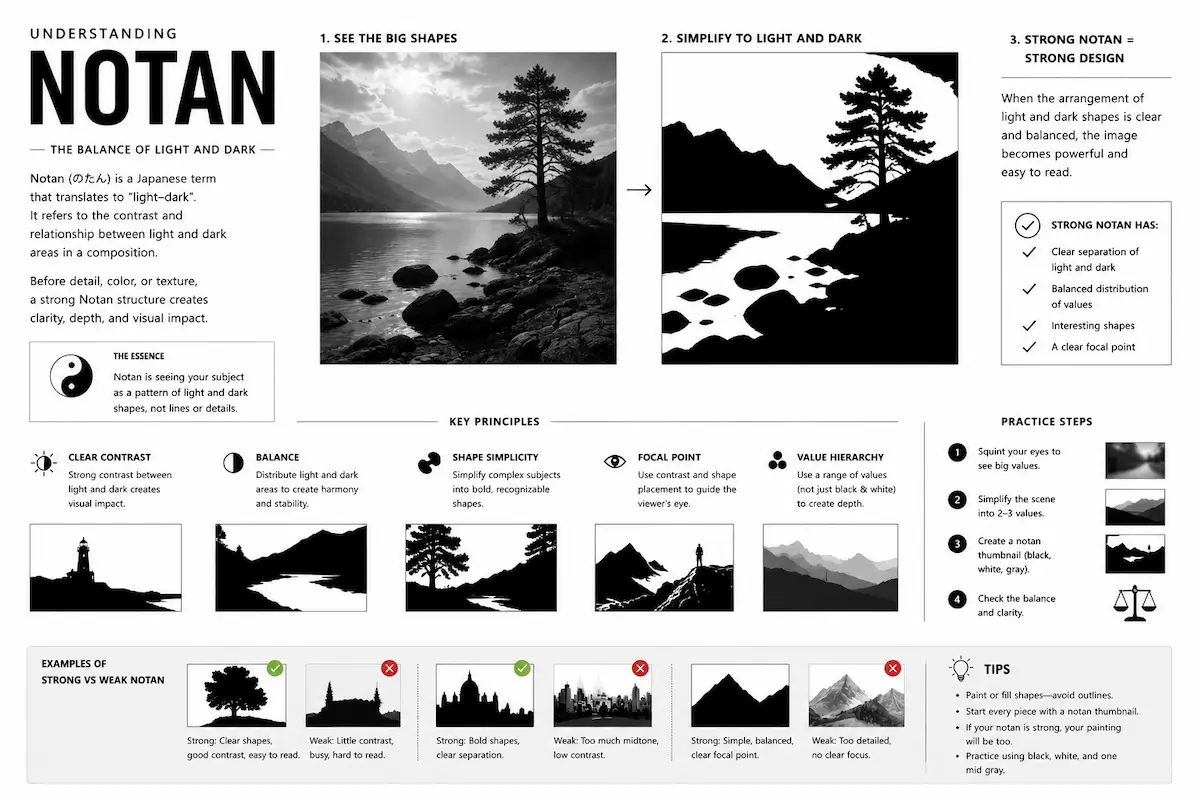 Notan example showing a scene reduced to two values — pure black and pure white shapes