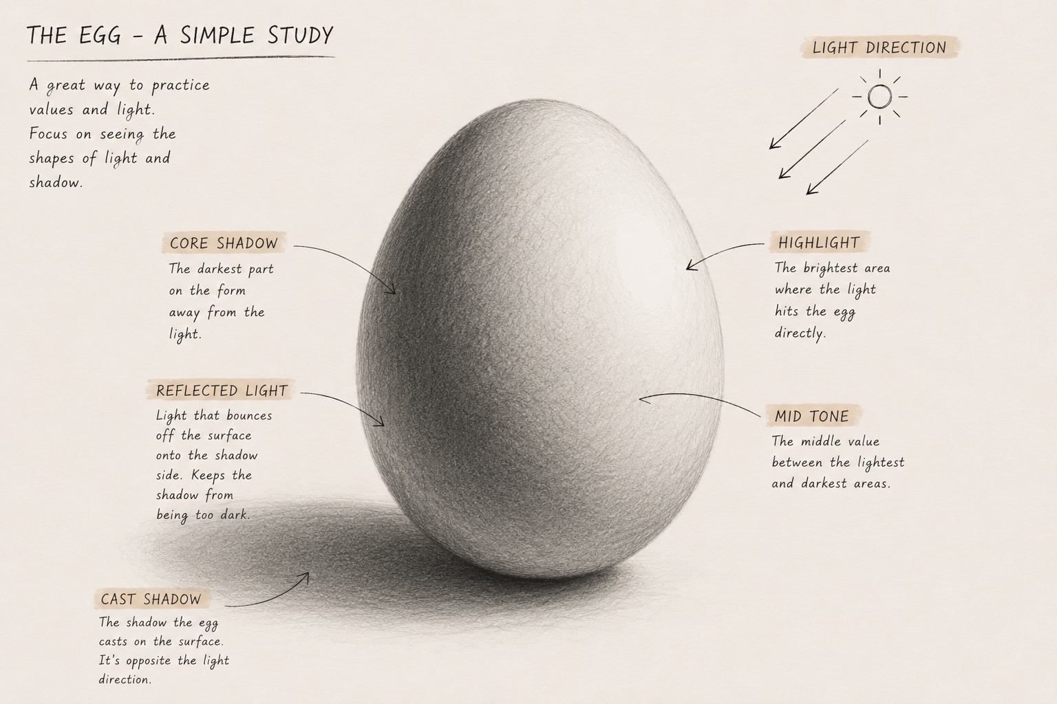 Diagram of an egg showing highlight, mid tone, core shadow, reflected light, and cast shadow — all value zones labelled