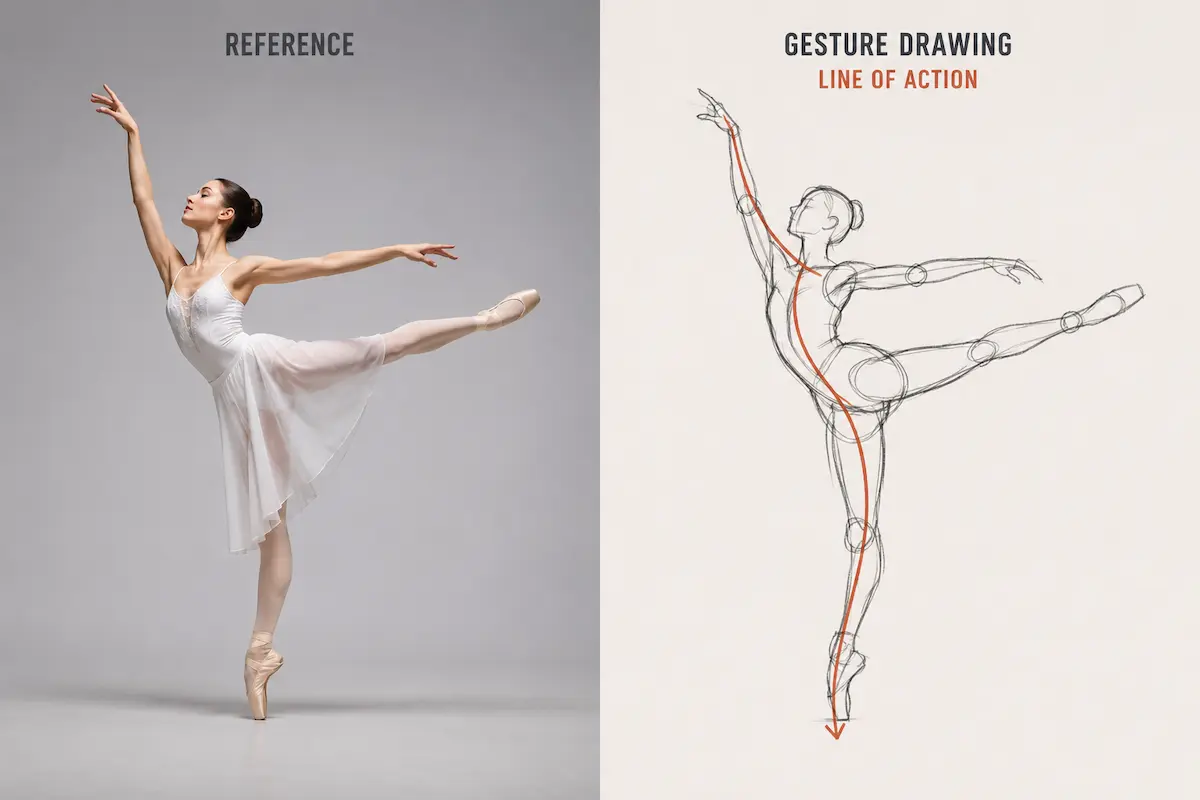 Ballet dancer in a dynamic pose — an ideal gesture drawing reference showing clear line of action and weight distribution