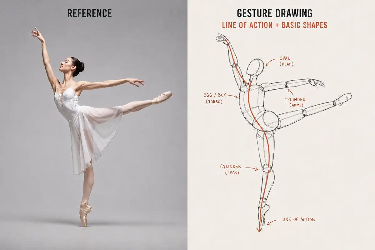 Ballet dancer mid-movement showing expressive gesture — a strong example of dynamic figure drawing reference