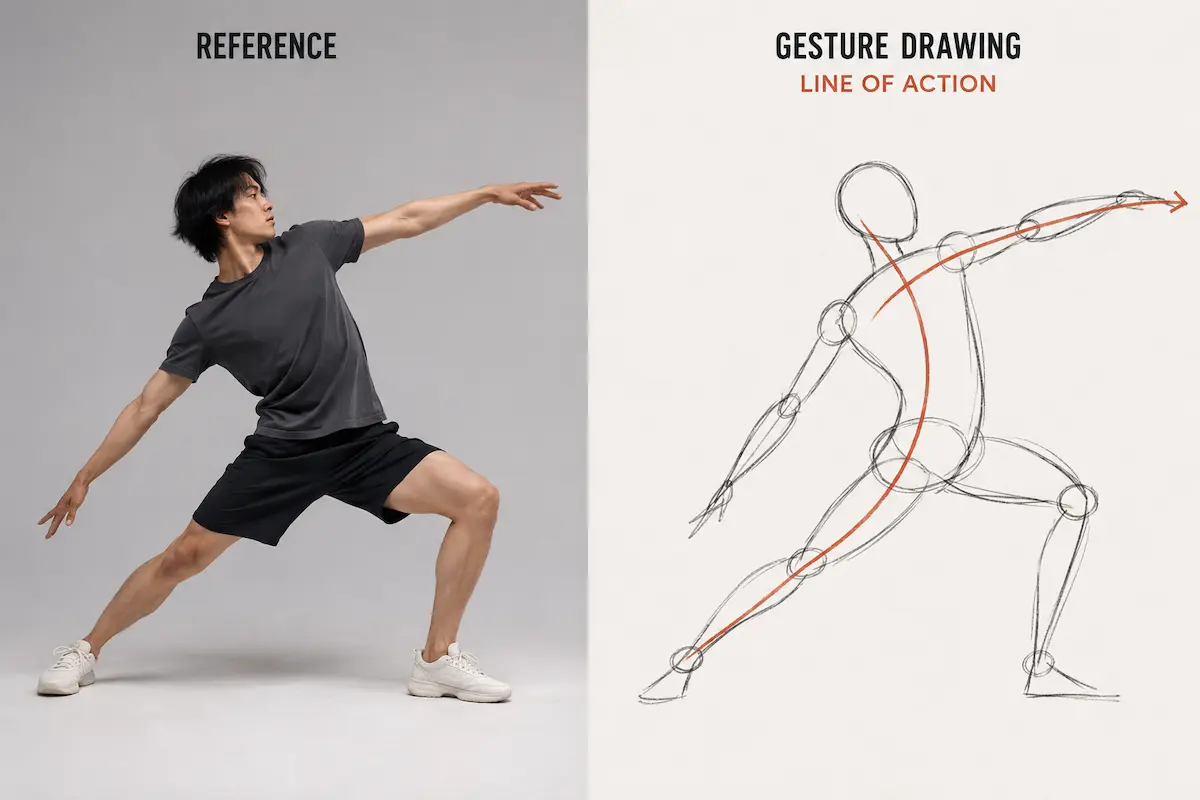 Gesture sketch showing the line of action through a figure — the single curved line that captures the energy of a pose